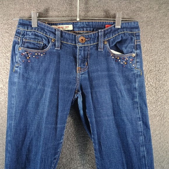 Express X2 Jeans Women 2 Ultra Low Rise Skinny Leg W01 Medium Wash Jewel Accents - Picture 2 of 15